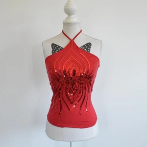 Y2k 2000 00s Lentejuelas Rojo Cuello Halter Top Verano Estética Festival Rave Atuendo XS - Imagen 1 de 8