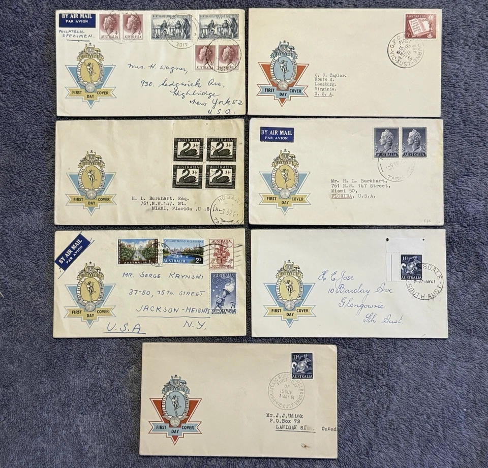 7x Australia FDCs 1950s–61 WCS crest cachets + 1956 Olympics cover - Image 1 of 4