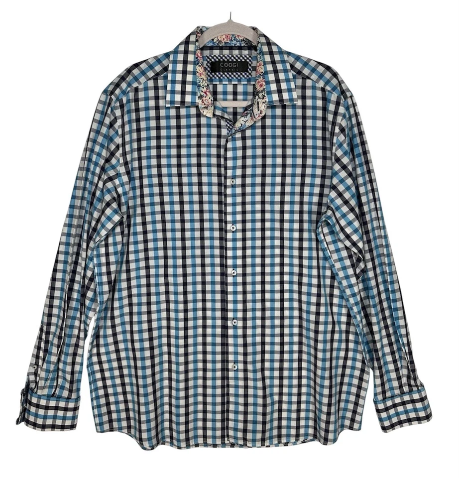 Coogi Classic Check Plaid Button Up Shirt Mens XL 17.5 34/35 Floral French Cuff - Image 1 of 4
