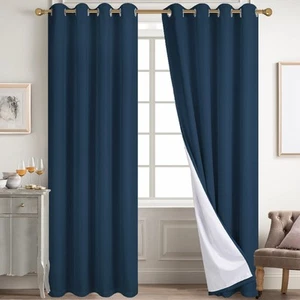 100% Blackout Curtains Navy Blue Linen Curtains for Bedroom Grommet Thermal I... - Picture 1 of 6