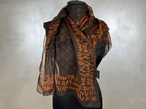 LOUIS VUITTON Stephen Sprouse Orange Brown Graffiti Silk Scarf Auth Italy Rare - Picture 1 of 7