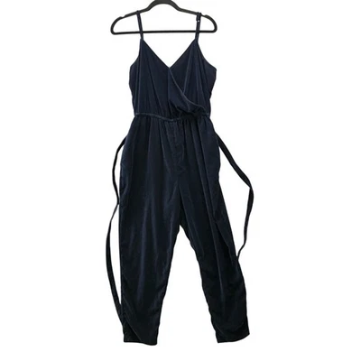 Gap Velvet Cami Jumpsuit Womens L Dark Blue Navy Tapered Relaxed Tie Waist - Image 1 of 4
