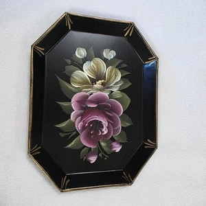 Vintage Tray Black 8.5"X7" Metal Floral Hand Painted Flowers Art Decor - Picture 1 of 8