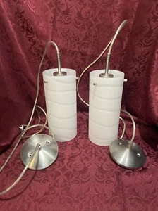Pair of White w/ White Ribbon Swirl Cylinder Pendant Lighting - Picture 1 of 2