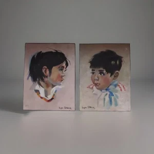 PAIR STOVER SIGNED AUTHENTIC vintage PORTRAIT OIL PAINTINGS fine art BOY GIRL - Picture 1 of 7