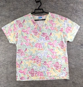 Crest Scrub Top Womens Large Pink Yellow Blue Floral Print Cotton V-Neck Pocket - Picture 1 of 10