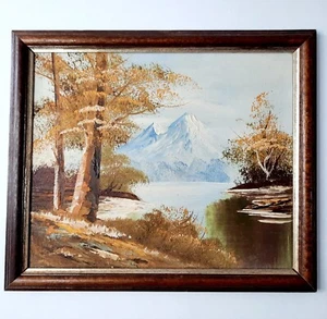 Vintage Painting Oil on Board Autumn Mountain and Lake Scene 8" x 9.5" Unsigned - Picture 1 of 9