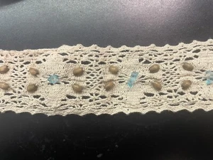 2 yards natural beaded crochet wooden & blue acrylic stone Lace Trim 1 5/8” - Picture 1 of 2