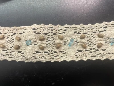 2 yards natural beaded crochet wooden & blue acrylic stone Lace Trim 1 5/8” - Image 1 of 2