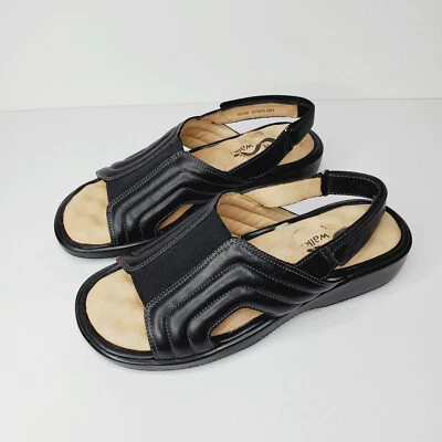 Sandalias de cuero negras Soft Walk para mujer 6,5 W ancho con eslinga trasera S7003-001 Foto 1 de 4