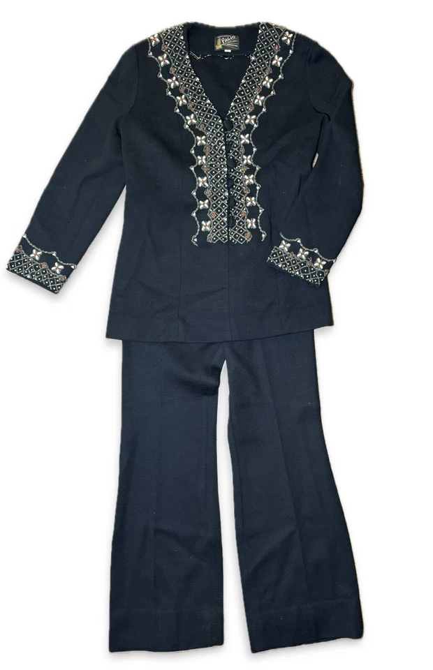 1960’s Vintage Black Woolen Suit Ornate Beading Cardigan and pants size 12 - Image 1 of 4
