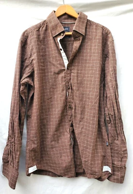 HUGO BOSS brown white windowpane buttoned shirt , MENS LARGE top, cotton silk - Image 1 of 4