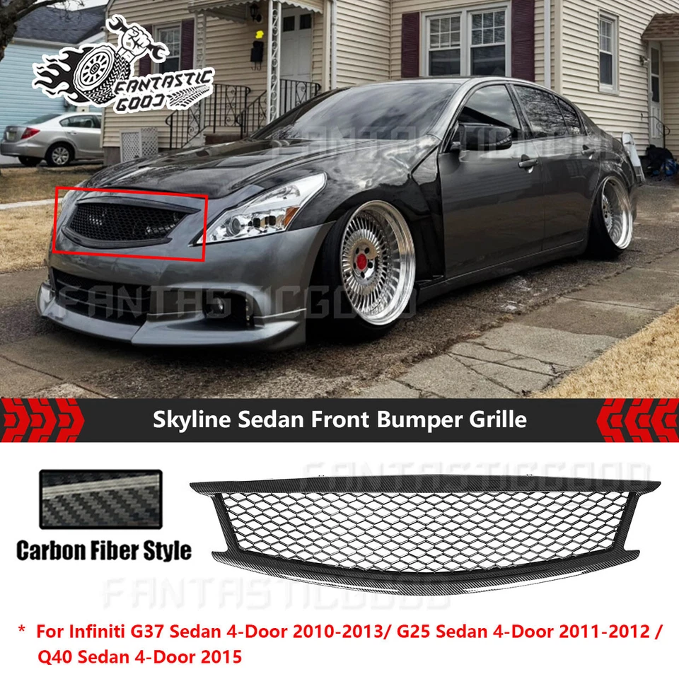 Parrilla de malla superior delantera Skyline de fibra de carbono para Infiniti Q40 G37 G25 sedán 10-15 Foto 1 de 4