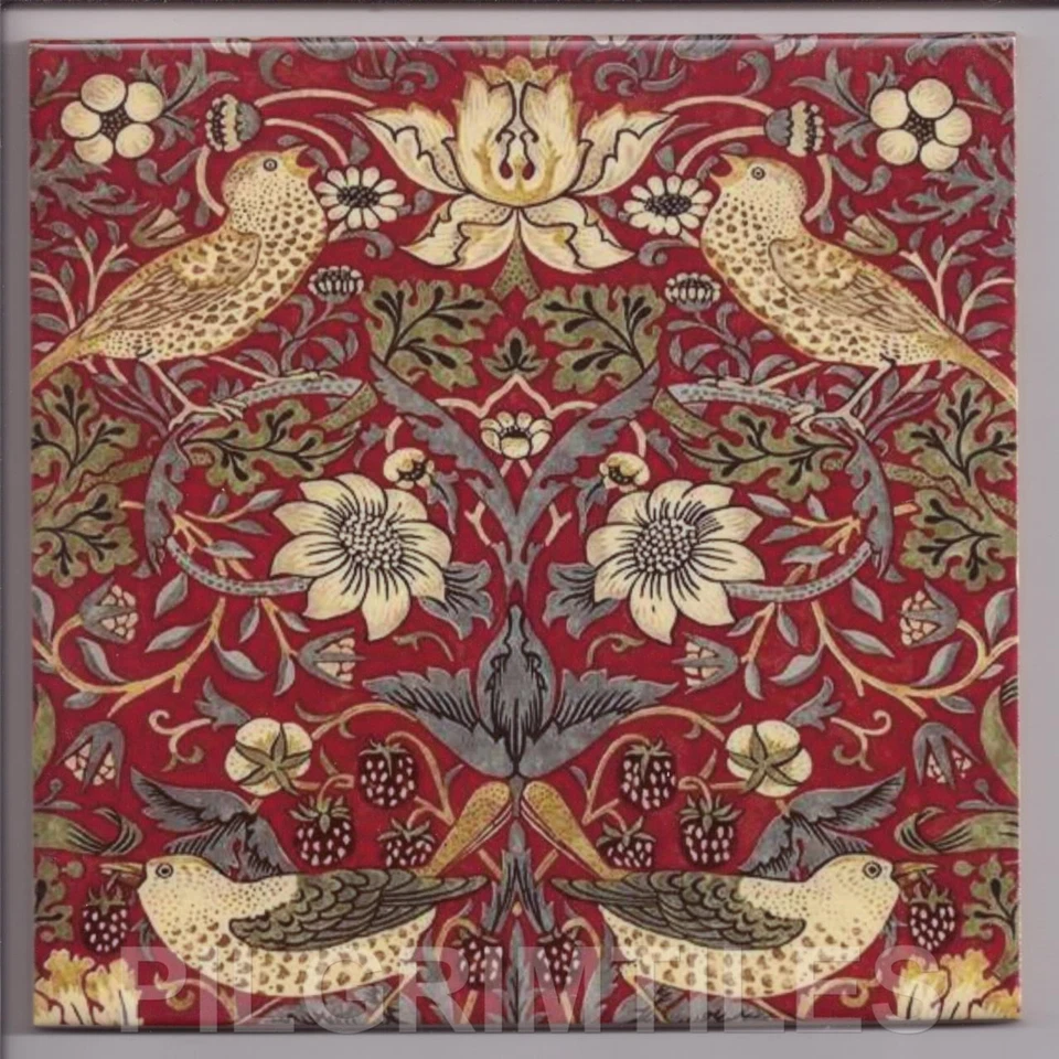 William Morris Strawberry Thief Kiln Fired Ceramic or Porcelain Tile Kitchen red - Image 1 of 1