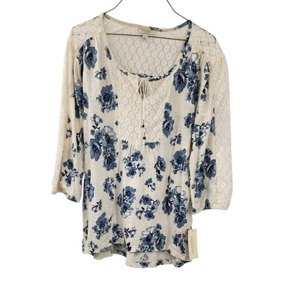 Sonoma 花卉 3/4 袖花卉印花蕾丝棉质上衣女式 L 码 * 全新带标签 — 第 1/4 张图片