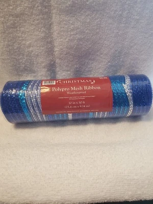 Christmas Decorative Deco Mesh Ribbon 10” x 30’ Blue And Silver - Image 1 of 4