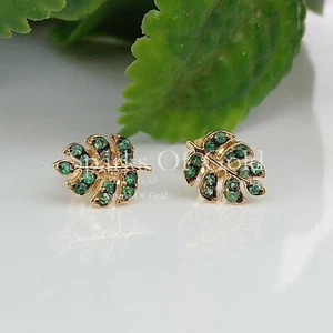0,36 ct natürlicher Smaragd Monstera Blatt Ohrstecker 14 K Gelbgold feiner Schmuck - Bild 1 von 7