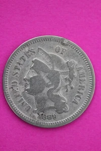 1869 Three 3 Cent Nickel Scarce Semi Key Date Type Coin Philadelphia Mint 63 - Picture 1 of 4