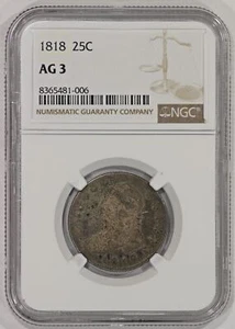 1818 25c Silver Capped Bust Quarter Large Size NGC AG3 Browning 2 - Picture 1 of 4