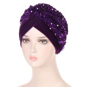 Velvet Sequins Muslim Women Chemo Loss Hair Cancer Turban Hijab Cap Bonnet Inner - Picture 1 of 23