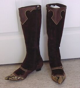 Vintage 1960s-70s Brown Suede Leather & Snake Low Heeled Knee High Boots 38.5/8