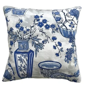 Oriental Cushion Cover Ming Vase Dragon Floral Blue Grey Printed Cotton Fabric - Picture 1 of 8