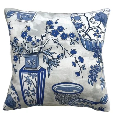 Oriental Cushion Cover Ming Vase Dragon Floral Blue Grey Printed Cotton Fabric - Image 1 of 4