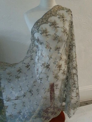 1m silver grey / gold  Embroided Pearl Beaded Scalloped Bridal lace Fabric 44” 1 - Image 1 of 4