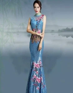 sky blue sequin embroidery adjustable size dress - Picture 1 of 7