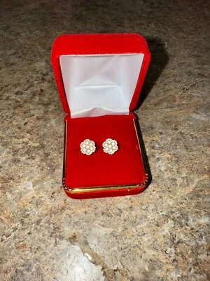 Men's Real 14K Yellow Gold Iced Natural Diamond Flower Cluster Stud Earrings - Image 1 of 4