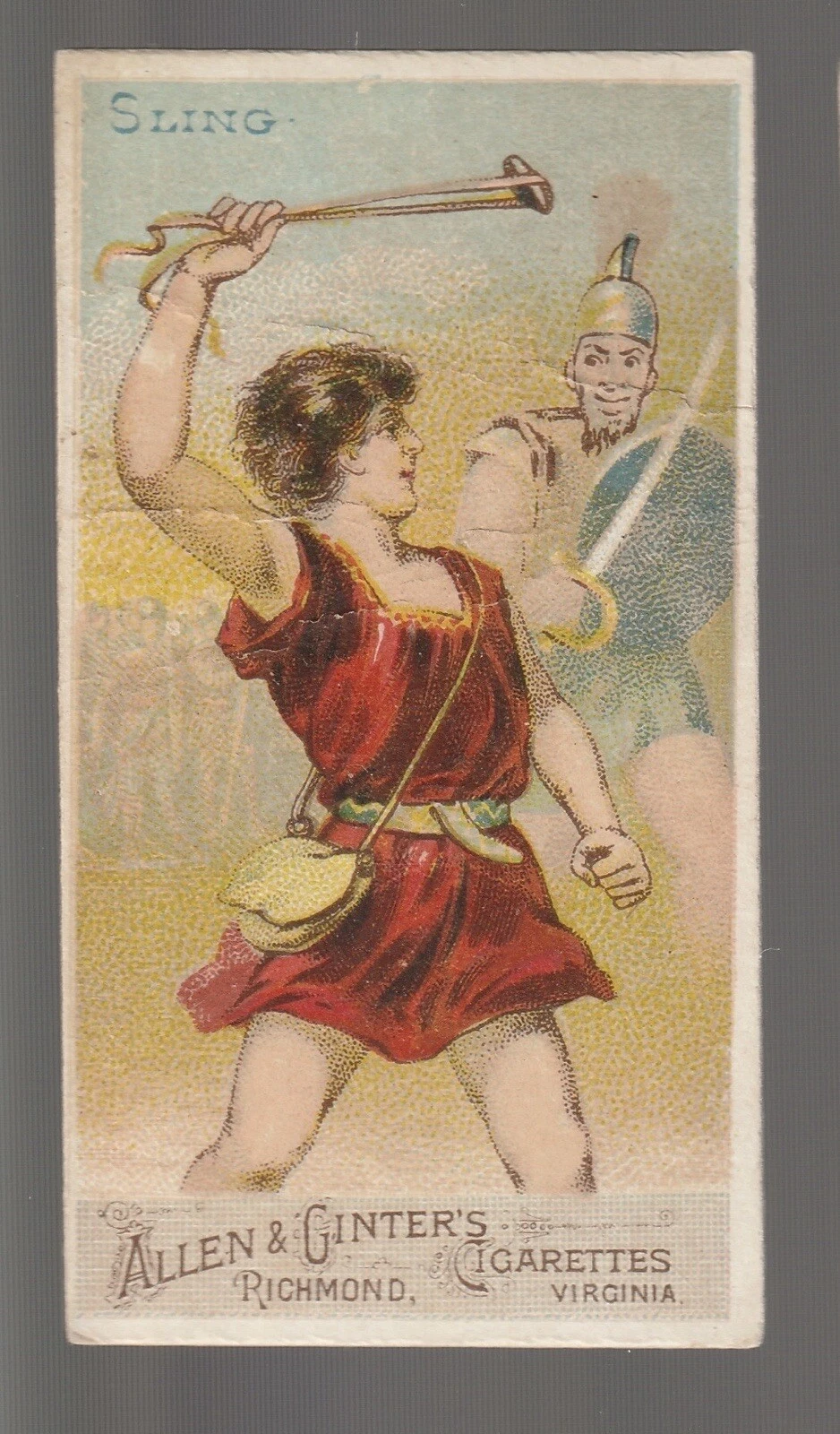 1887 N3 Allen & Ginter Arms Of All Nations SLING David vs Goliath Tobacco Card