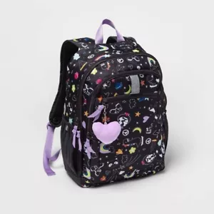Zaino classico per bambini 17" Cat & Jack stampa doodle nero con portachiavi peluche cuore - Foto 1 di 1