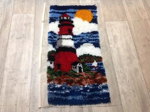 Vintage BUCILLA Completed Latch Hook  Wall Hanging Rug Lighthouse 16X34 USA - Picture 1 of 4