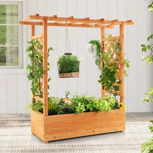 Raised Garden Bed Planter Box w/ Side & Top Trellis for Vine Climbing Plants - Picture 1 of 10