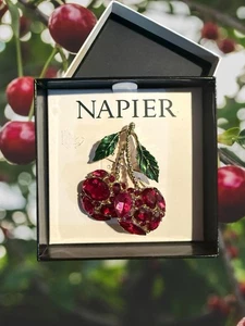 Napier cherries 2” brooch red rhinestone lapel pin fashion jewelry new - Picture 1 of 7