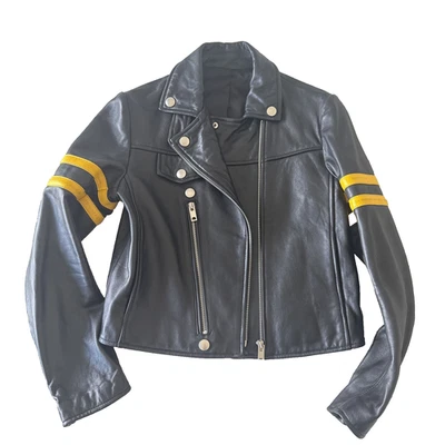 Женщин черный тонкий S/XS мотоциклиста стиль Moto из овчины кожаная куртка желтая полоса - Изображение 1 из 4