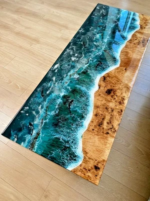 Ocean Wave Blue Epoxy  Resin Acacia wooden furniture coffee dining table Top - Image 1 of 4