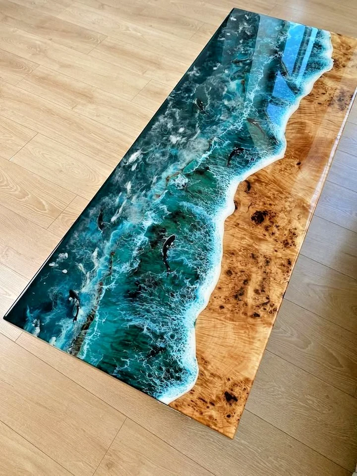 Ocean Wave Blue Epoxy  Resin Acacia wooden furniture coffee dining table Top - Image 1 of 4