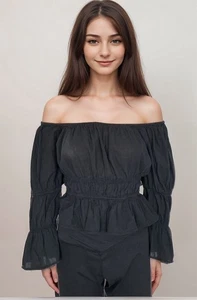 WAYF Blouse Top Women Sz XL Black Off-the-Shoulder Smocked Sleeve Whimsigoth - Picture 1 of 10