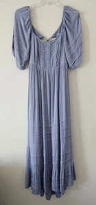Maxikleid Damen blau Crinkle Gaze Puffärmel Boho CottageCore L hinten offen - Bild 1 von 13