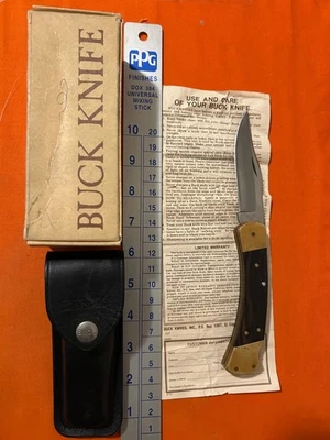 Vintage Buck 110 Folding Hunting Knife (2-Dot) With Sheath 1974 - 1980  USA - Image 1 of 4