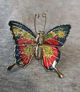 Vintage Brosche Revers Schmetterling blau rot Glitzer Emaille goldfarben Leichtmetall - Bild 1 von 6