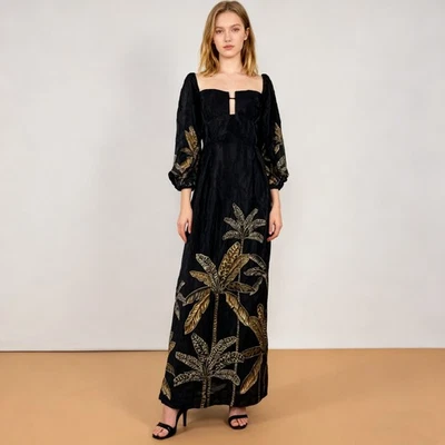 Nuevo sin etiquetas Maxi Vestido Farm Rio Talla M Negro Estampado Mangas Abullonadas Planta Manga Corta Foto 1 de 4