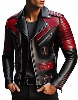Men's Red & Black Leather Biker Jacket – Slim Fit Motorcycle Coat, Punk Style, - Image 1 of 4