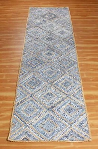 Runner Rug Jute Denim Braided Farmhouse 100% Natural Handmade Rustic look Carpet - Picture 1 of 6