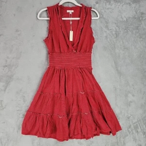 Max Studio Dress Womens Size M Red Pinstripe Lettuce Trim Fit & Flare Smocked - Picture 1 of 7