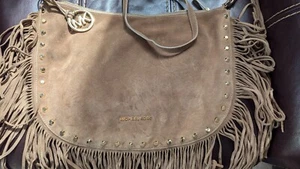 Michael Michael Kors Billy Brown Suede Fringe Boho Studded Messenger Hobo Bag - Picture 1 of 13
