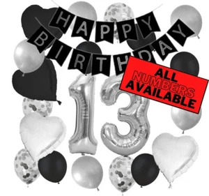 13th Birthday Decorations - Silver and Black Theme - Balloons, Banner - Him Her - Picture 1 of 6