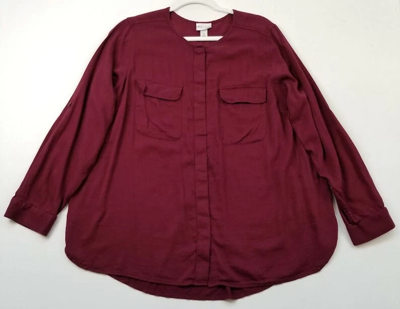 Camisa Ava & Viv Abotonada Para Mujer 2X Borgoña Cuello Redondo Bolsillos Mangas Largas Top Foto 1 de 4