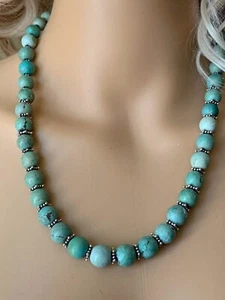 Vintage Genuine Old Turquoise Beaded Necklace w 925 SS Carved Scarab Clasp - Picture 1 of 8